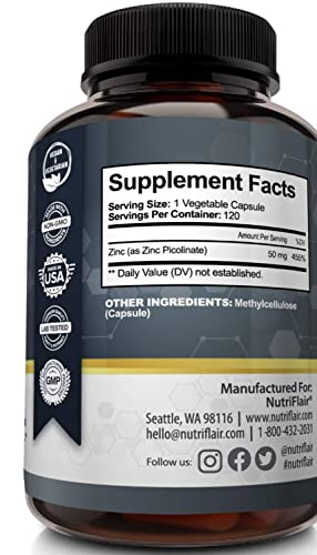 Foto 7 pulgar | Suplemento De Zinc Nutriflair Picolinato De Zinc 50 Mg 120 Cápsulas - Venta Internacional.