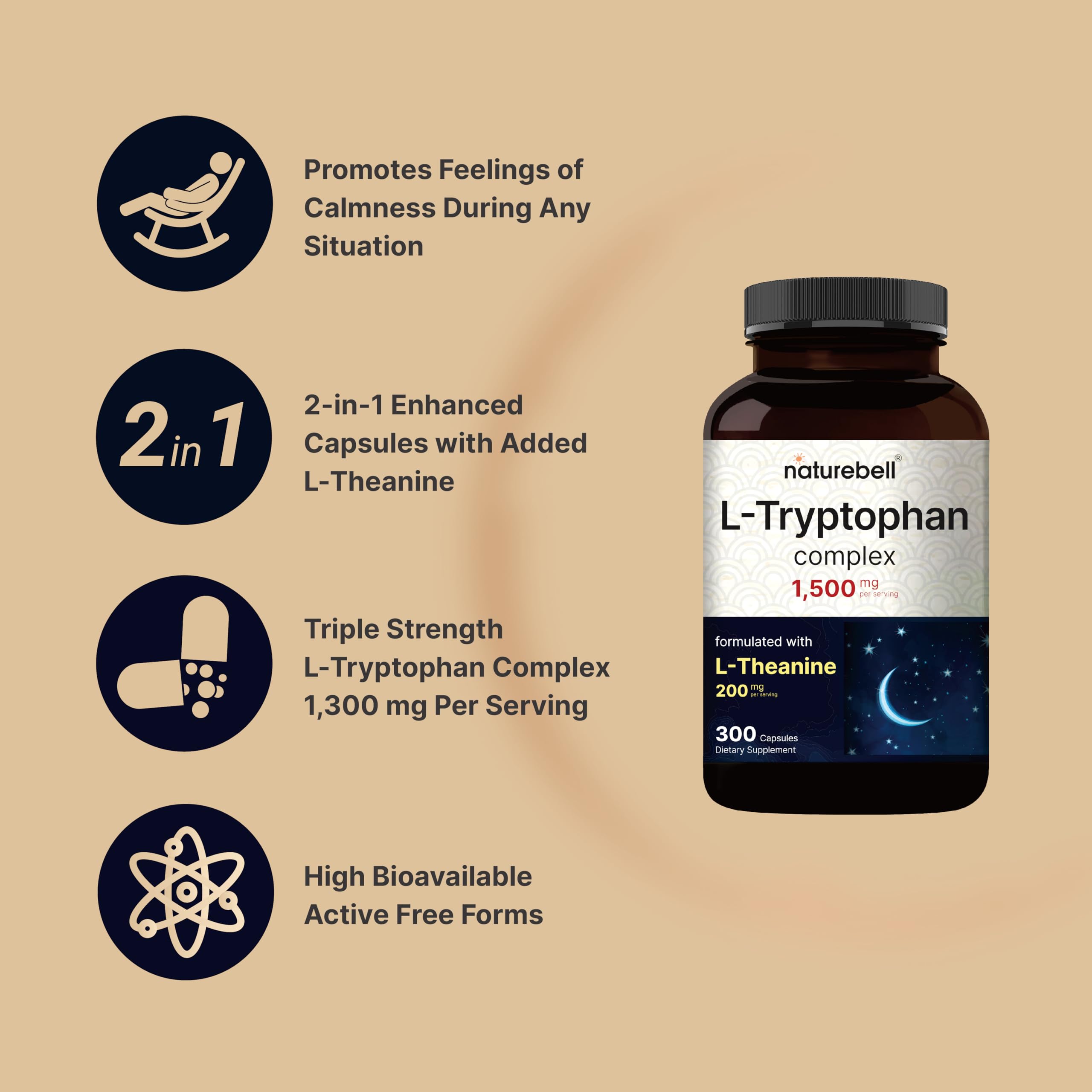 Foto 4 pulgar | Suplemento Naturebell L Triptófano 1300 Mg Con L Teanina 200 Mg - Venta Internacional.