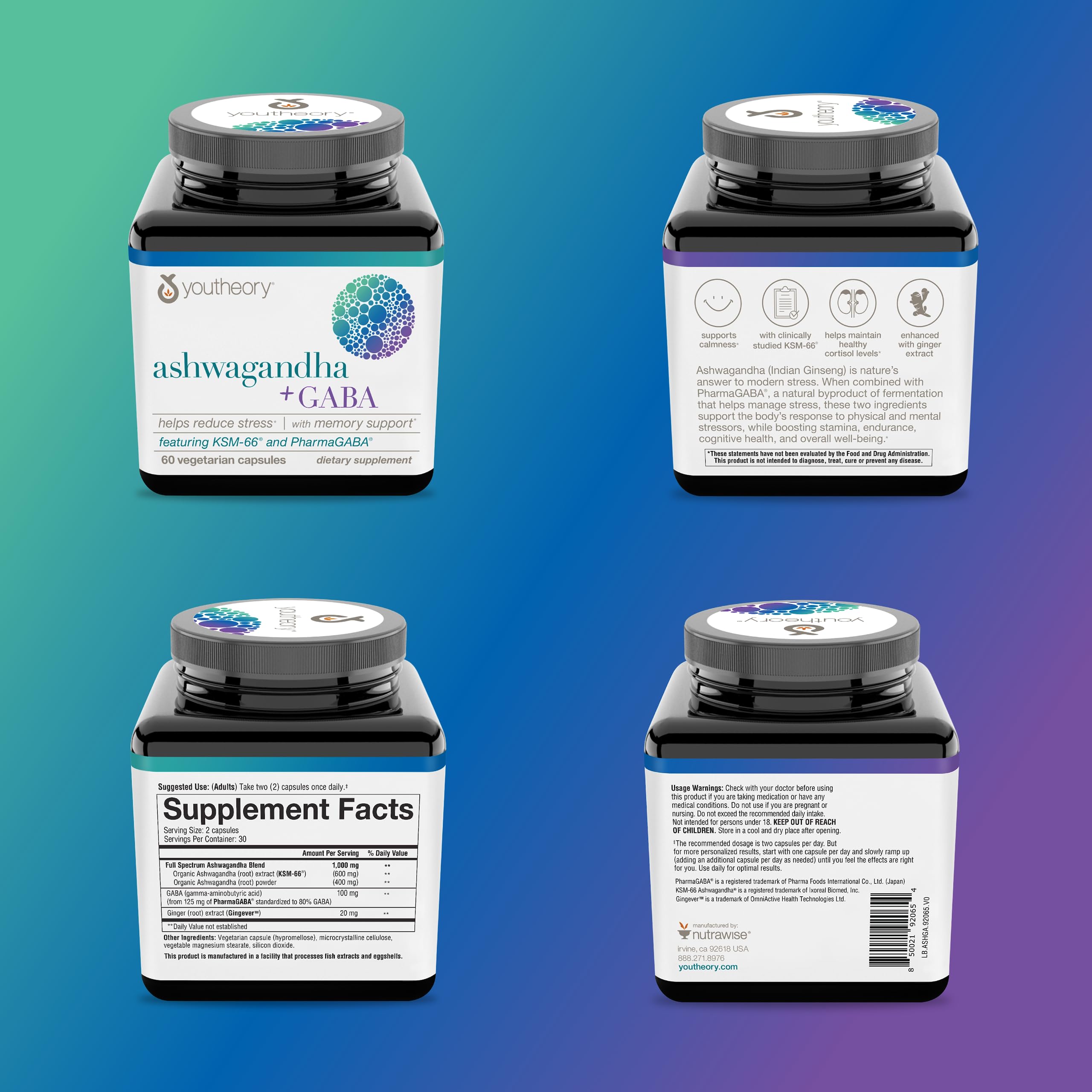 Foto 6 | Suplemento Youtheory Ashwagandha + Gaba 60 Cápsulas - Venta Internacional.