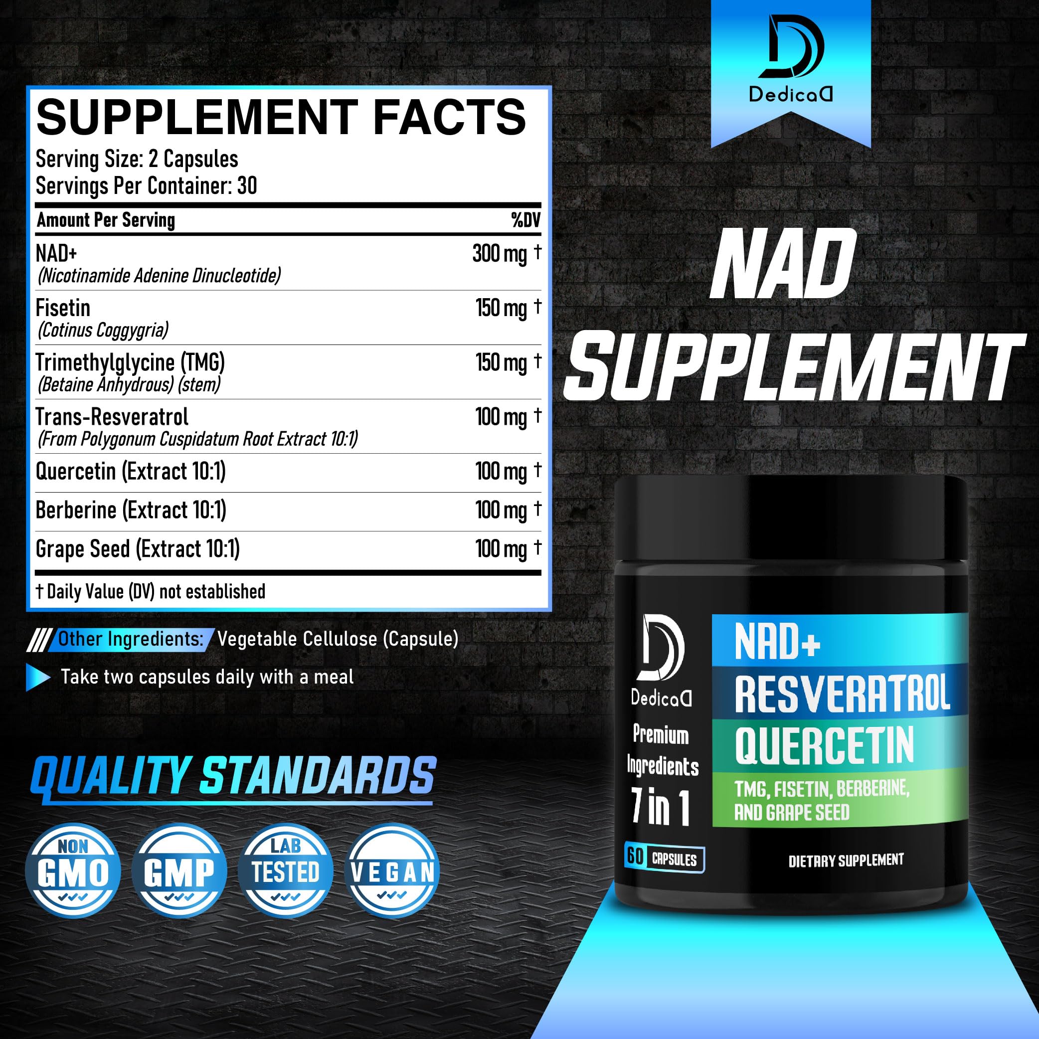 Foto 3 pulgar | Suplemento Dedicad Nad+ 1000 Mg Con Resveratrol Y Quercetina 60 Cápsulas - Venta Internacional.