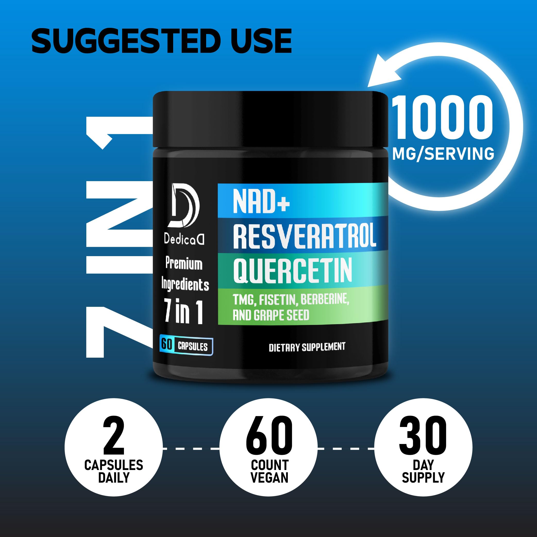 Foto 6 pulgar | Suplemento Dedicad Nad+ 1000 Mg Con Resveratrol Y Quercetina 60 Cápsulas - Venta Internacional.