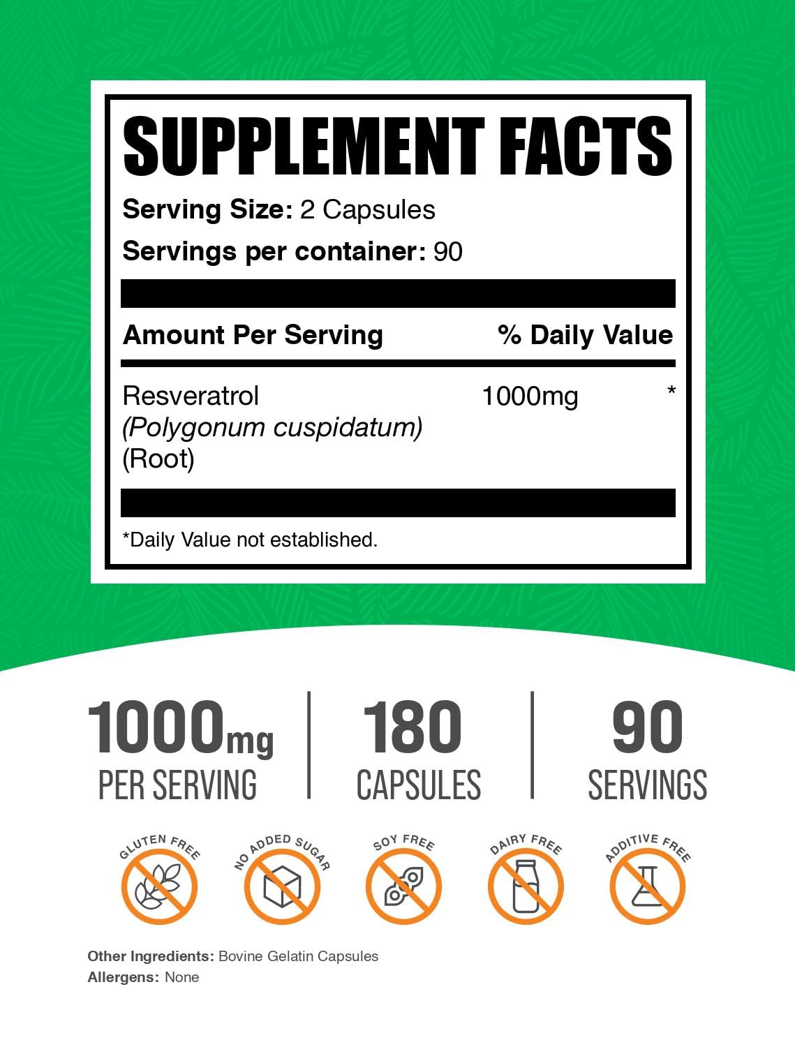 Foto 3 pulgar | Suplemento De Resveratrol Bulksupplements.com 1000 Mg 180 Cápsulas - Venta Internacional.