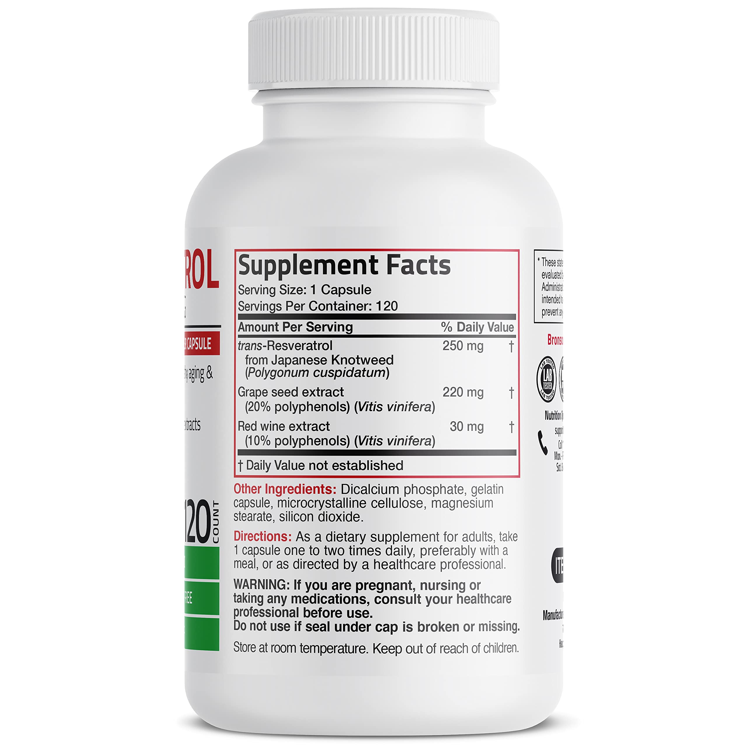 Foto 2 | Suplemento Bronson Resveratrol 500 Complex 120 Cápsulas - Venta Internacional.