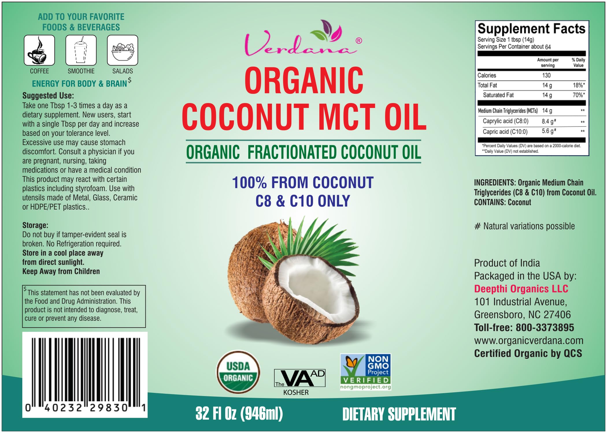 Foto 8 pulgar | Aceite Mct De Coco Verdana Usda, Grado Alimenticio Orgánico, 1 Galón - Venta Internacional.