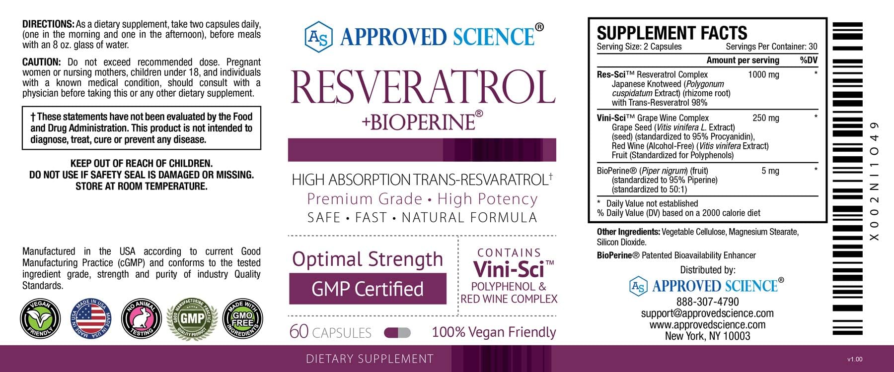 Foto 2 | Suplemento Approved Science Resveratrol 1000 Mg 380 Cápsulas - Venta Internacional.