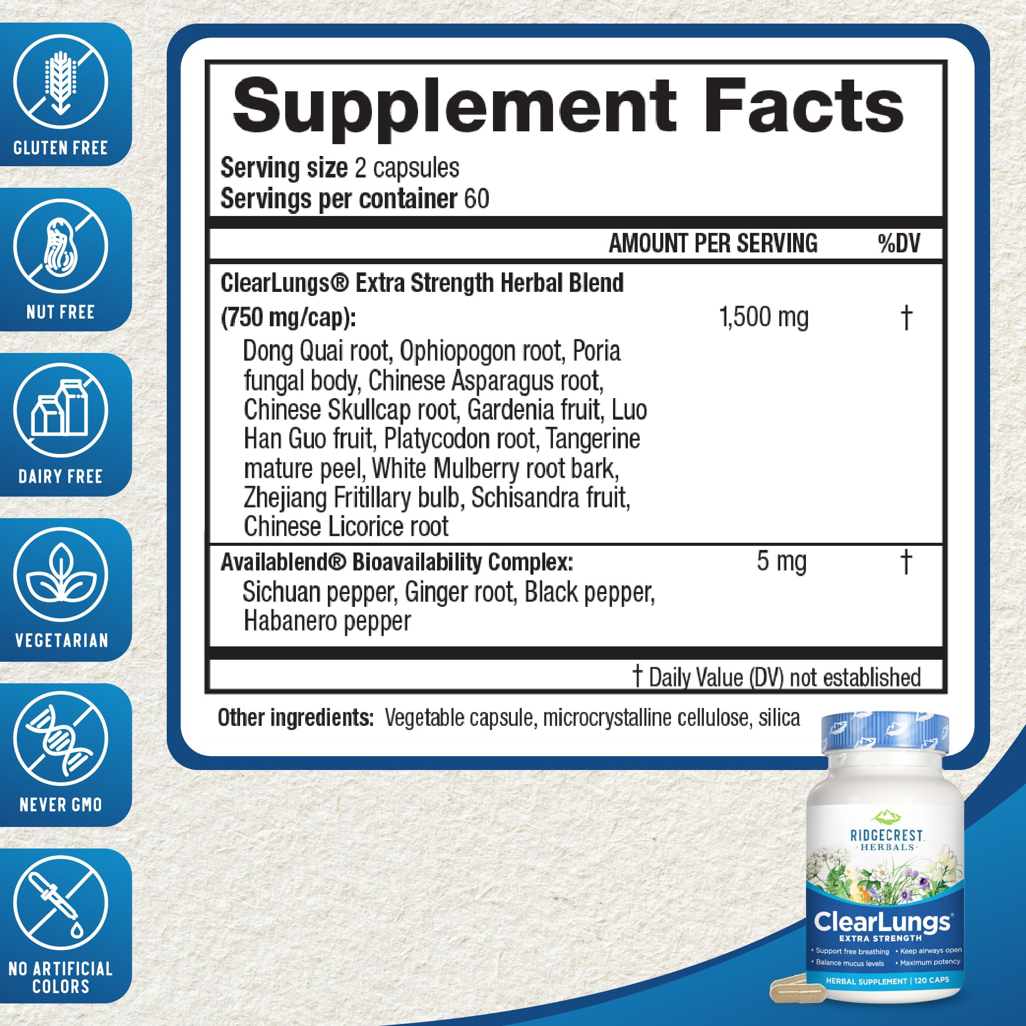 Foto 3 pulgar | Suplemento Ridgecrest Herbals Clearlungs Extra Strength 120 Cápsulas - Venta Internacional.