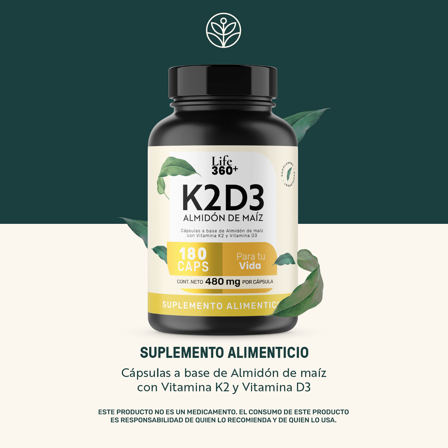 Foto 2 | Life 360+ K2d3 Almidón De Maíz 180 Caps Con Vitamina K2 Y D3