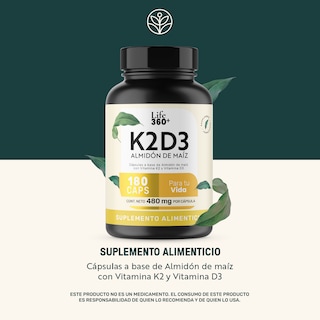 Foto 2 | Life 360+ K2d3 Almidón De Maíz 180 Caps Con Vitamina K2 Y D3