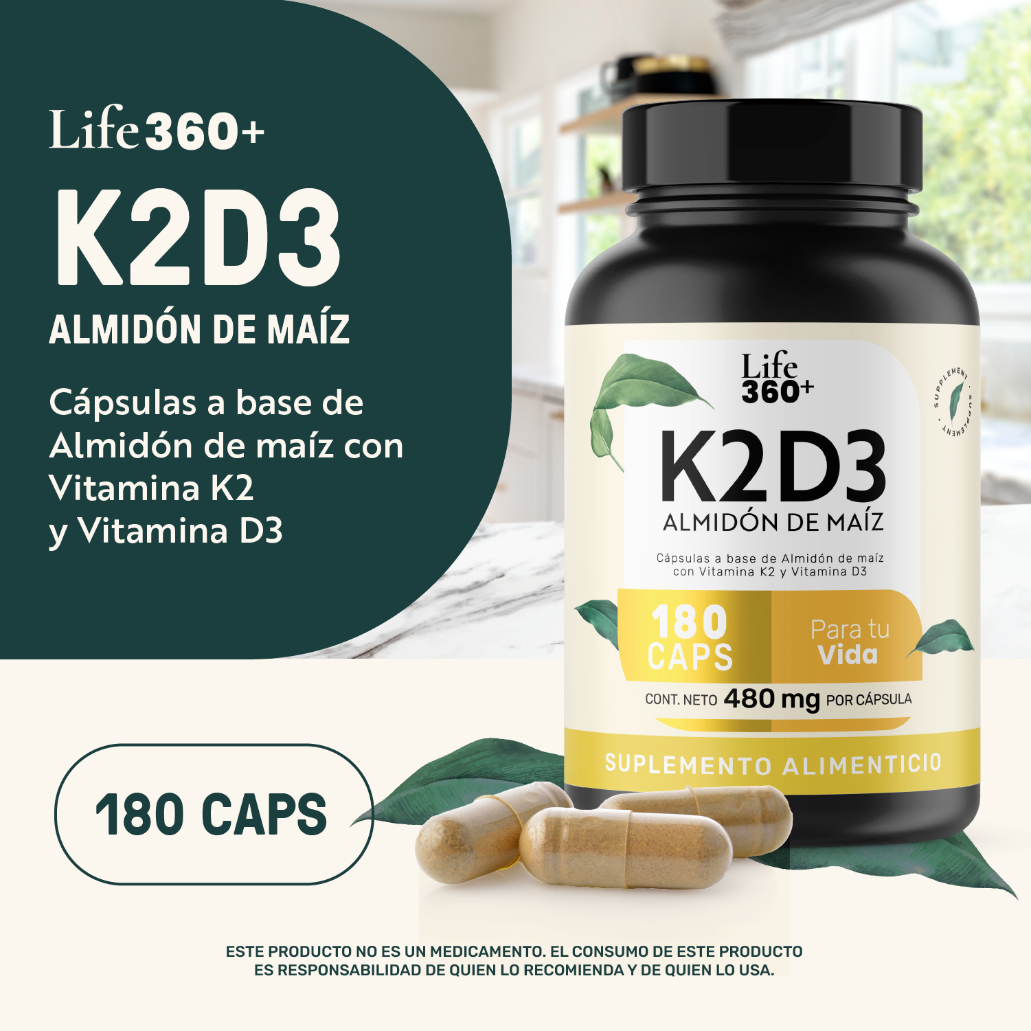 Foto 5 pulgar | Life 360+ K2d3 Almidón De Maíz 180 Caps Con Vitamina K2 Y D3