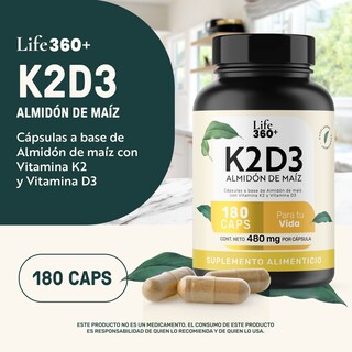 Foto 4 | Life 360+ K2d3 Almidón De Maíz 180 Caps Con Vitamina K2 Y D3