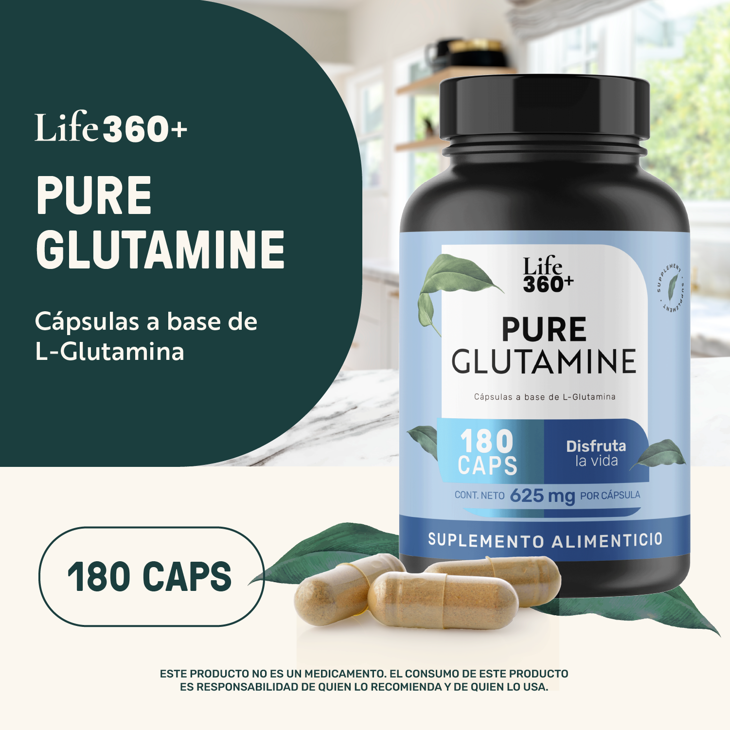 Foto 5 pulgar | Life 360+ Pure Glutamine 180 Capsulas L-glutamina Magnesio