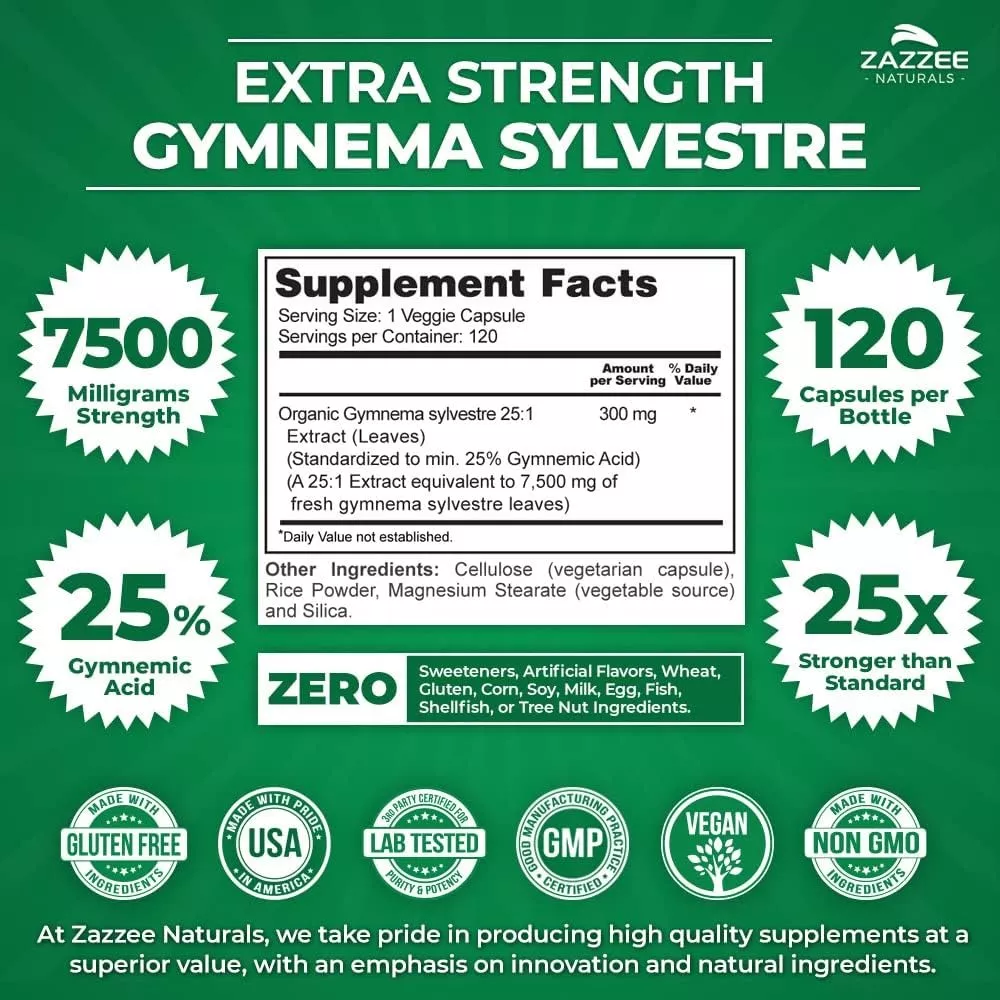 Foto 3 pulgar | Zazzee Naturals Gymnema Sylvestre 7500mg  Regulación Del Azúcar, Perdida De Peso 120 Cápsulas
