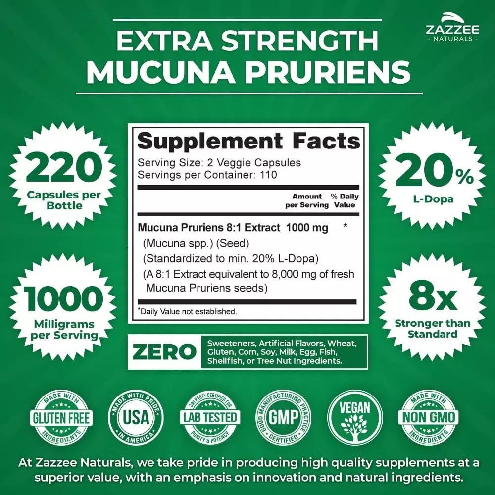Foto 3 pulgar | Zazzee Mucuna Pruriens 1000 Mg Mejora El Animo Y Concentración 220 Cápsulas