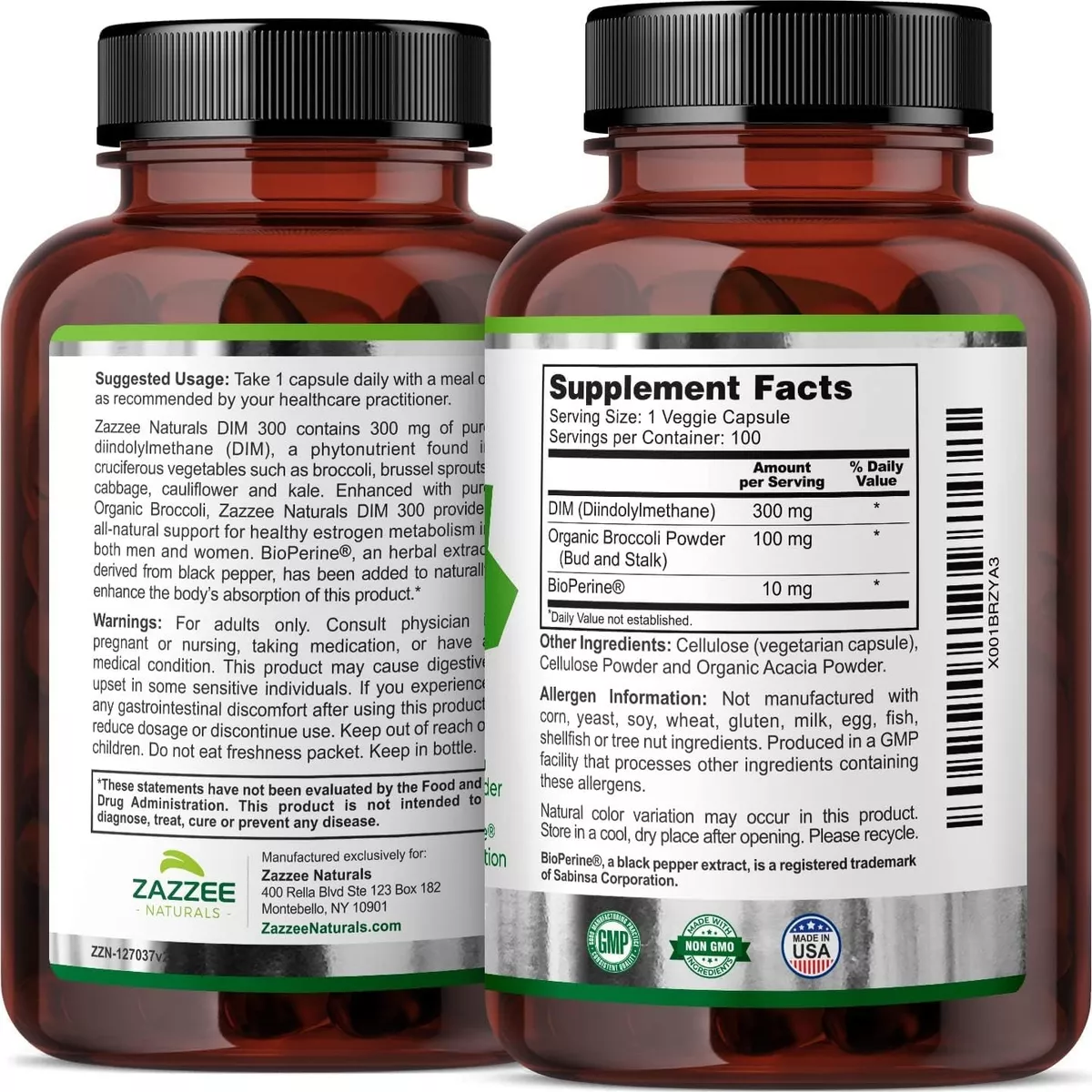 Foto 4 pulgar | Suplemento Zazzee Dim Bioperine 300 Mg Brócoli Orgánico, Ayuda A La Piel, Hormonas Y Antioxidante  100 Cápsulas
