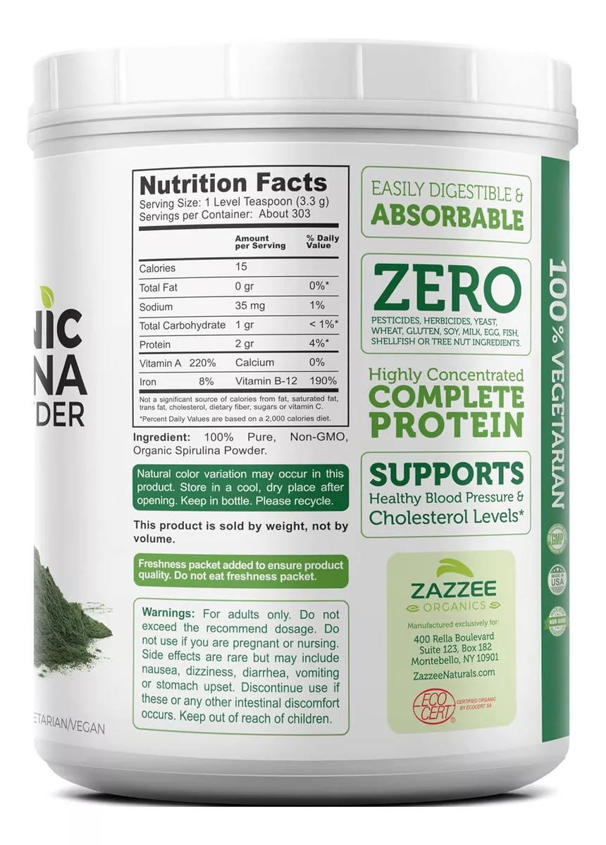 Foto 4 pulgar | Suplemento Zazzee Organic Spirulina Polvo Para Apoyo Digestivo, Y Energía 1kg