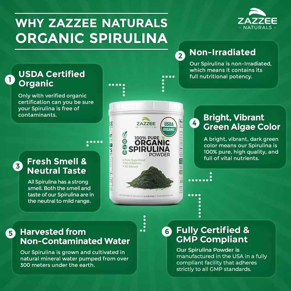 Foto 6 pulgar | Suplemento Zazzee Organic Spirulina Polvo Para Apoyo Digestivo, Y Energía 1kg