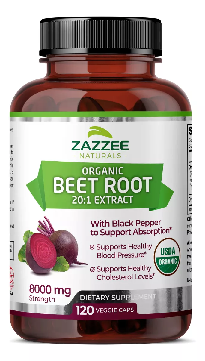 Zazzee Naturals Organic Beet Root Betabel Energía, Salud Cardiovascular Y Antioxidantes 120 Cápsulas