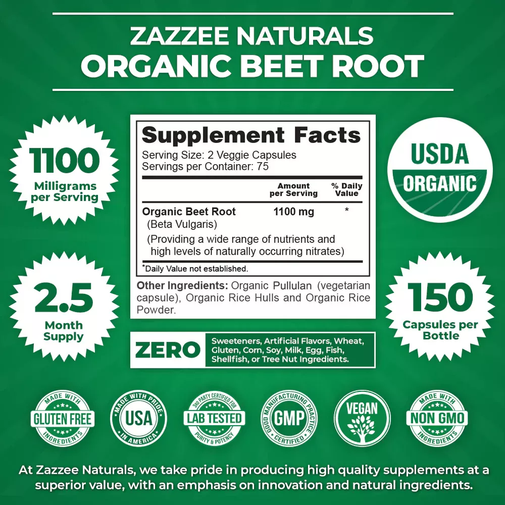 Foto 3 pulgar | Zazzee Naturals Organic Beet Root Betabel Energía, Salud Cardiovascular Y Antioxidantes 120 Cápsulas