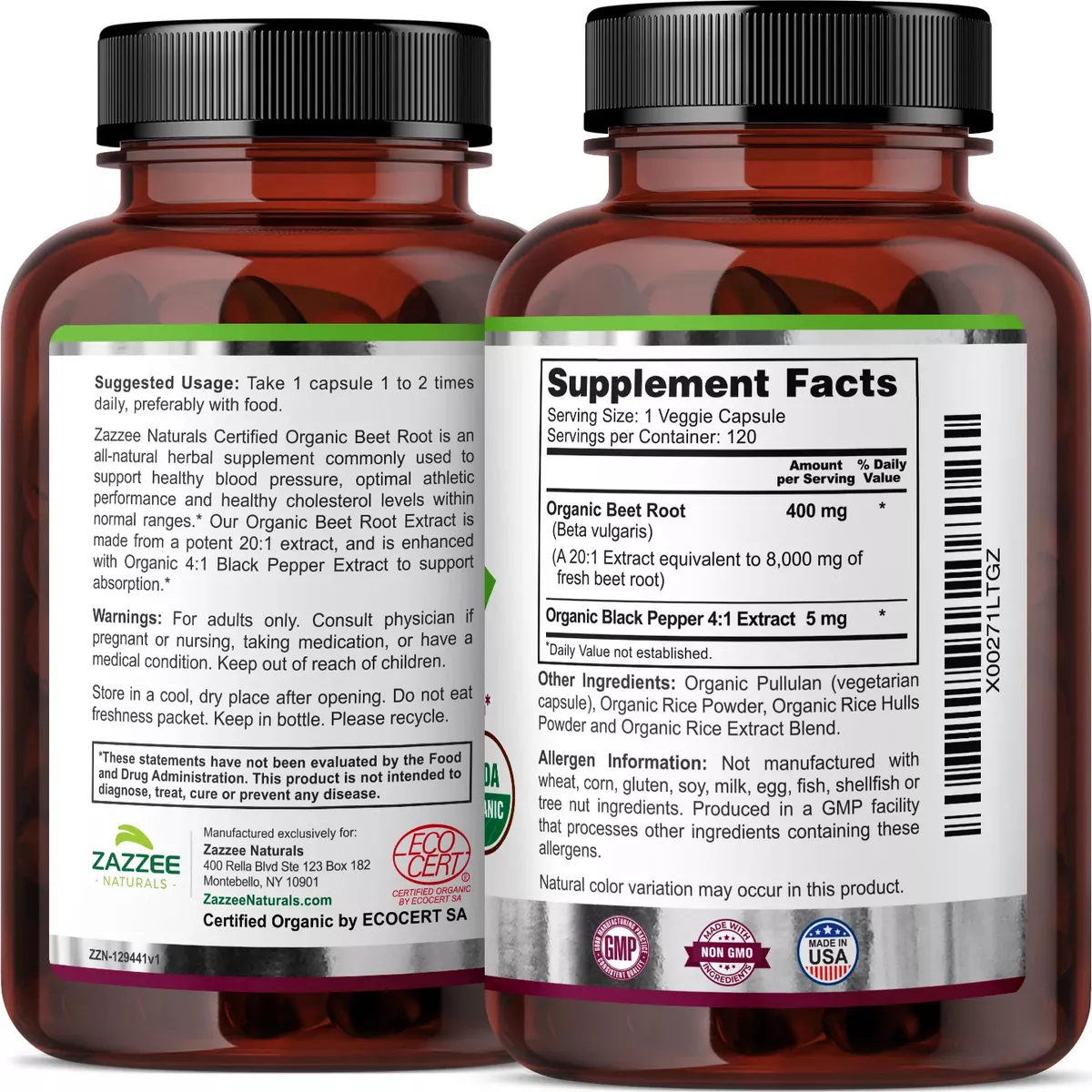 Foto 5 pulgar | Zazzee Naturals Organic Beet Root Betabel Energía, Salud Cardiovascular Y Antioxidantes 120 Cápsulas