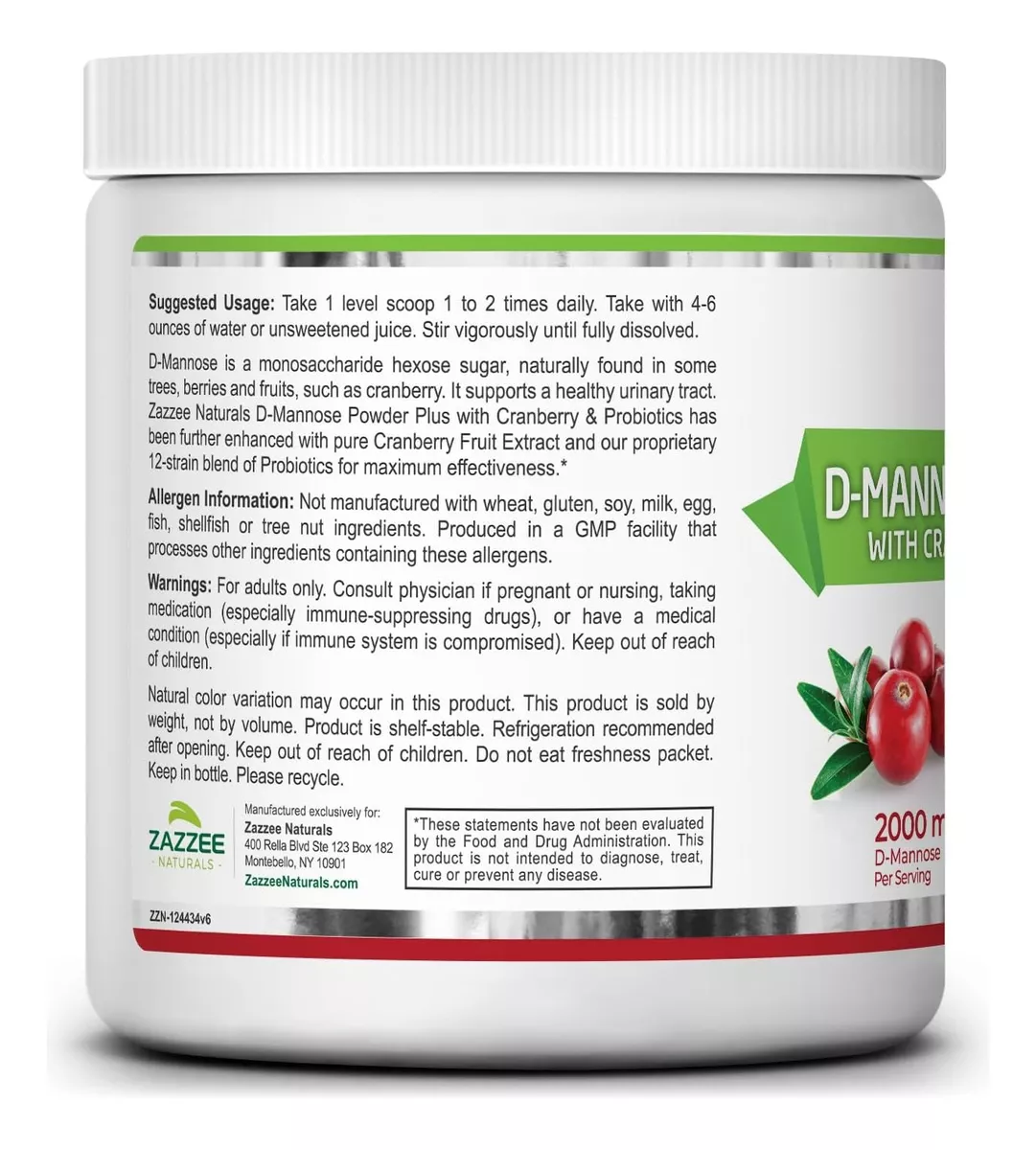 Foto 4 | Suplemento Zazzee D-mannose Powder 2000 Mg Arándano Próbioticos 184 G