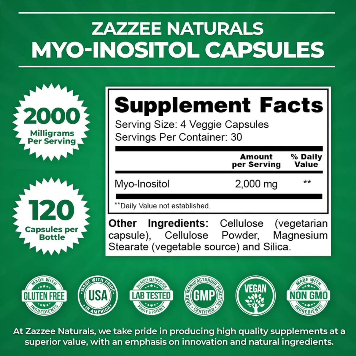 Foto 5 pulgar | Zazzee Myo-inositol Suplemento Fertilidad Y Equilirio Hormonal Para Mujer 120 Cápsulas