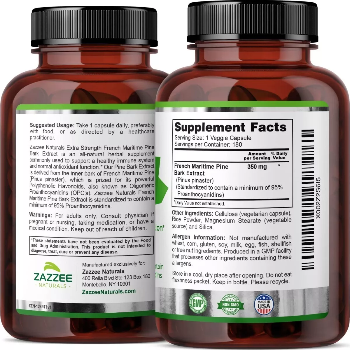 Foto 3 pulgar | Suplemento Zazzee French Maritime Pine Bark Extract Antioxidantes, Salud Cardiovascular Y Bienestar Ocular  180 Capsulas