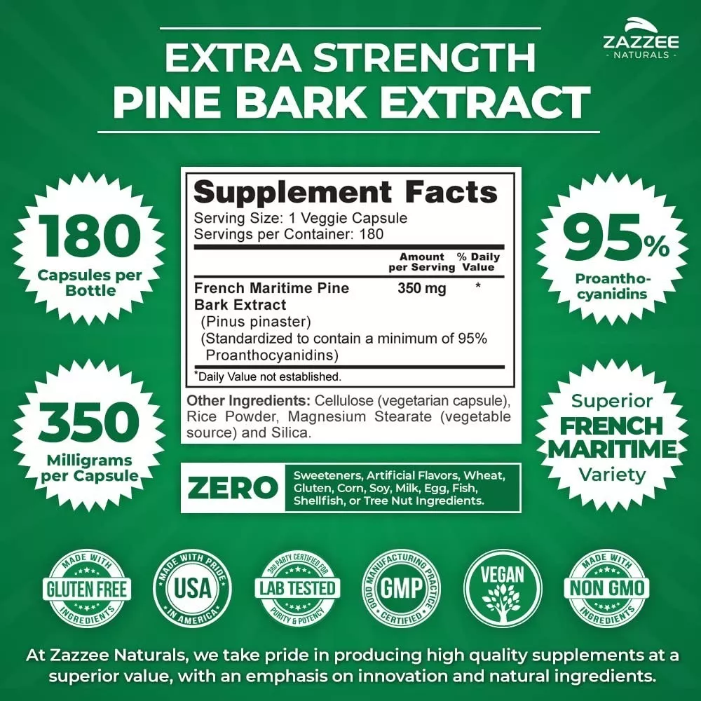 Foto 4 pulgar | Suplemento Zazzee French Maritime Pine Bark Extract Antioxidantes, Salud Cardiovascular Y Bienestar Ocular  180 Capsulas