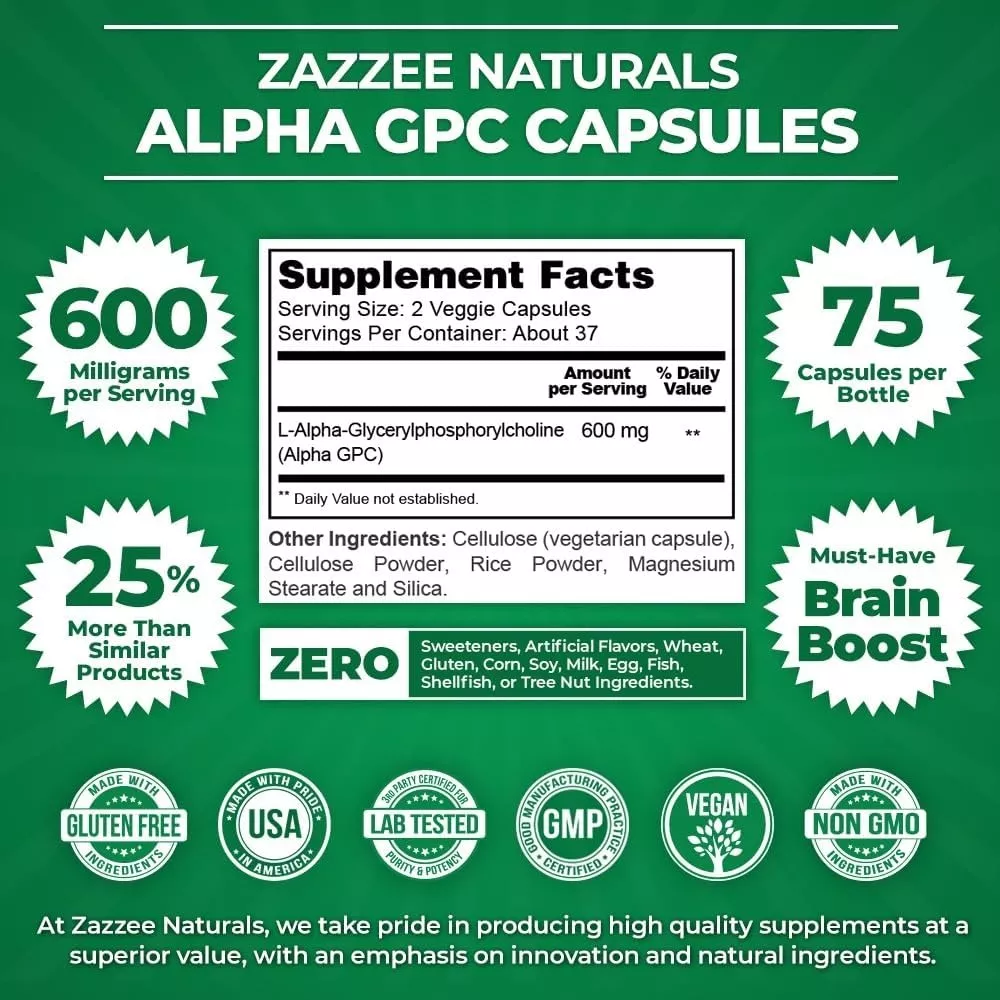 Foto 3 pulgar | Zazzee Alpha Gpc Choline Potencia Tu Mente Y Rendimiento  600 Mg 75 Cápsulas