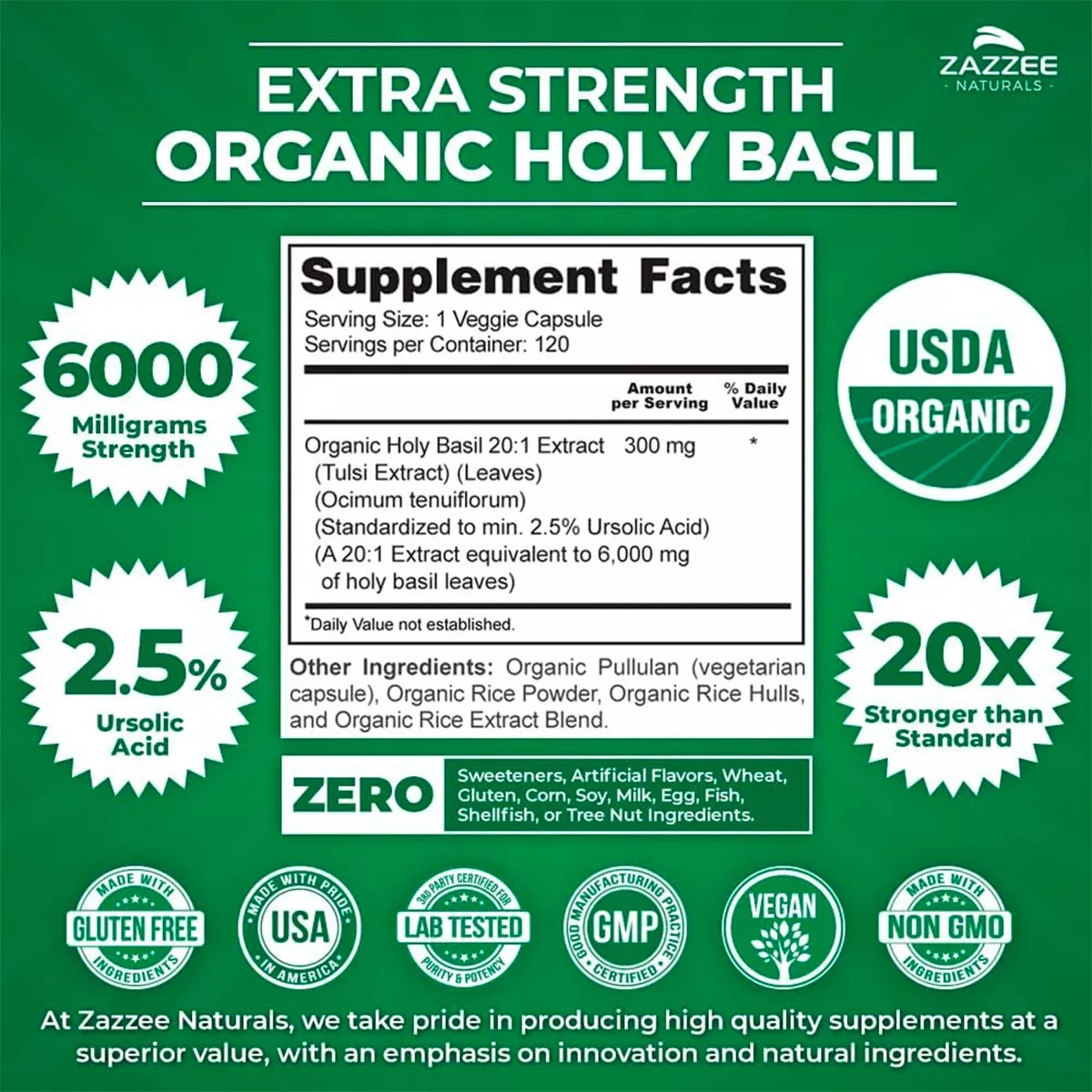 Foto 3 pulgar | Suplemento Zazzee Holy Basil Organic 600mg Anti-estrés Ansiedad 120 Capsulas
