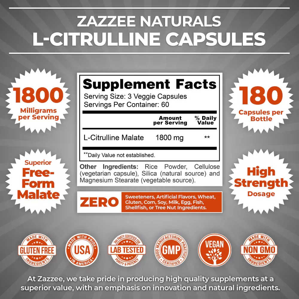 Foto 3 pulgar | Suplemento Zazzee Naturals L-citrulline Energía, Recuperación Y Salud Cardiovascular 180 Caps