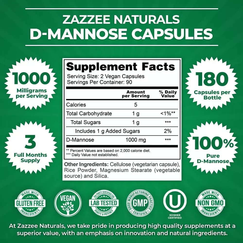 Foto 2 | Suplemento Zazzee Naturals D-mannose Alivio Natural Para El Tracto Urinario Y Bienestar Digestivo  1000 Mg 180 Cápsulas