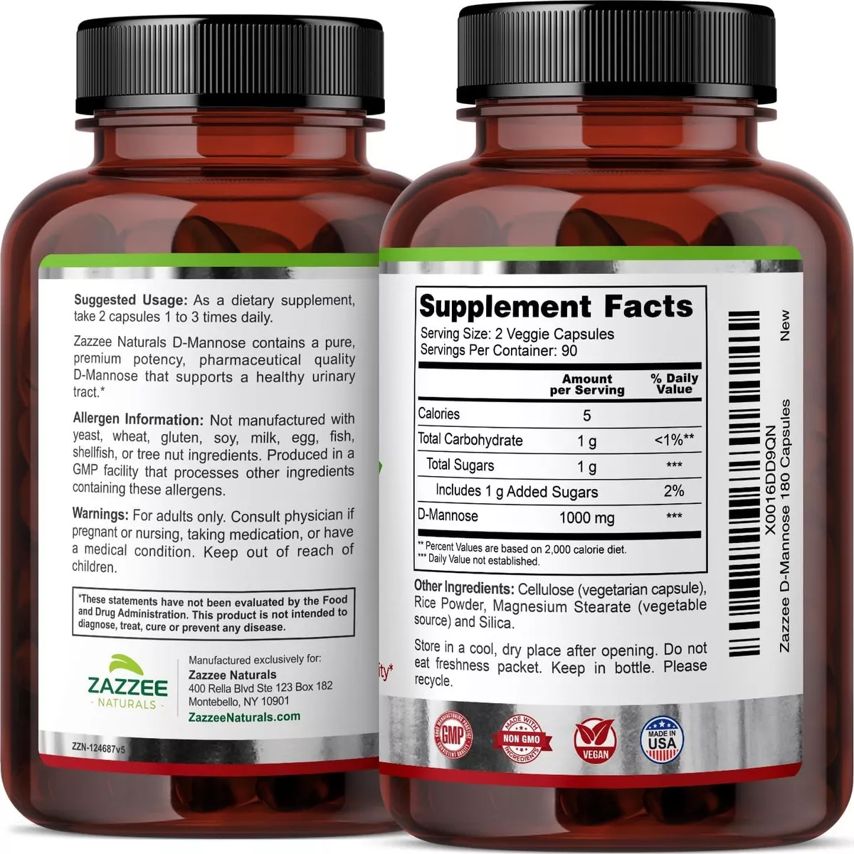 Foto 5 pulgar | Suplemento Zazzee Naturals D-mannose Alivio Natural Para El Tracto Urinario Y Bienestar Digestivo  1000 Mg 180 Cápsulas