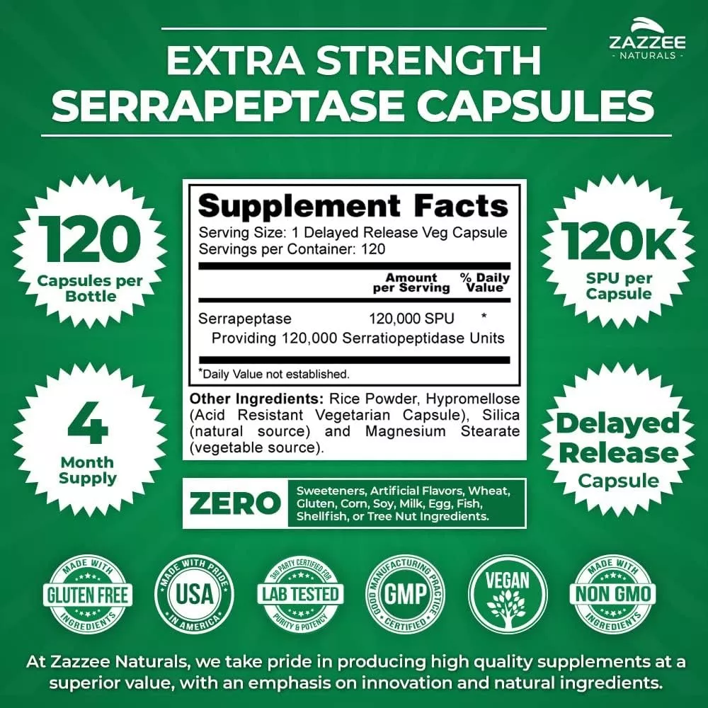 Foto 3 pulgar | Zazzee Serrapeptase 120,000 Spu Alivia El Dolor Y La Inflamación 120 Capsulas