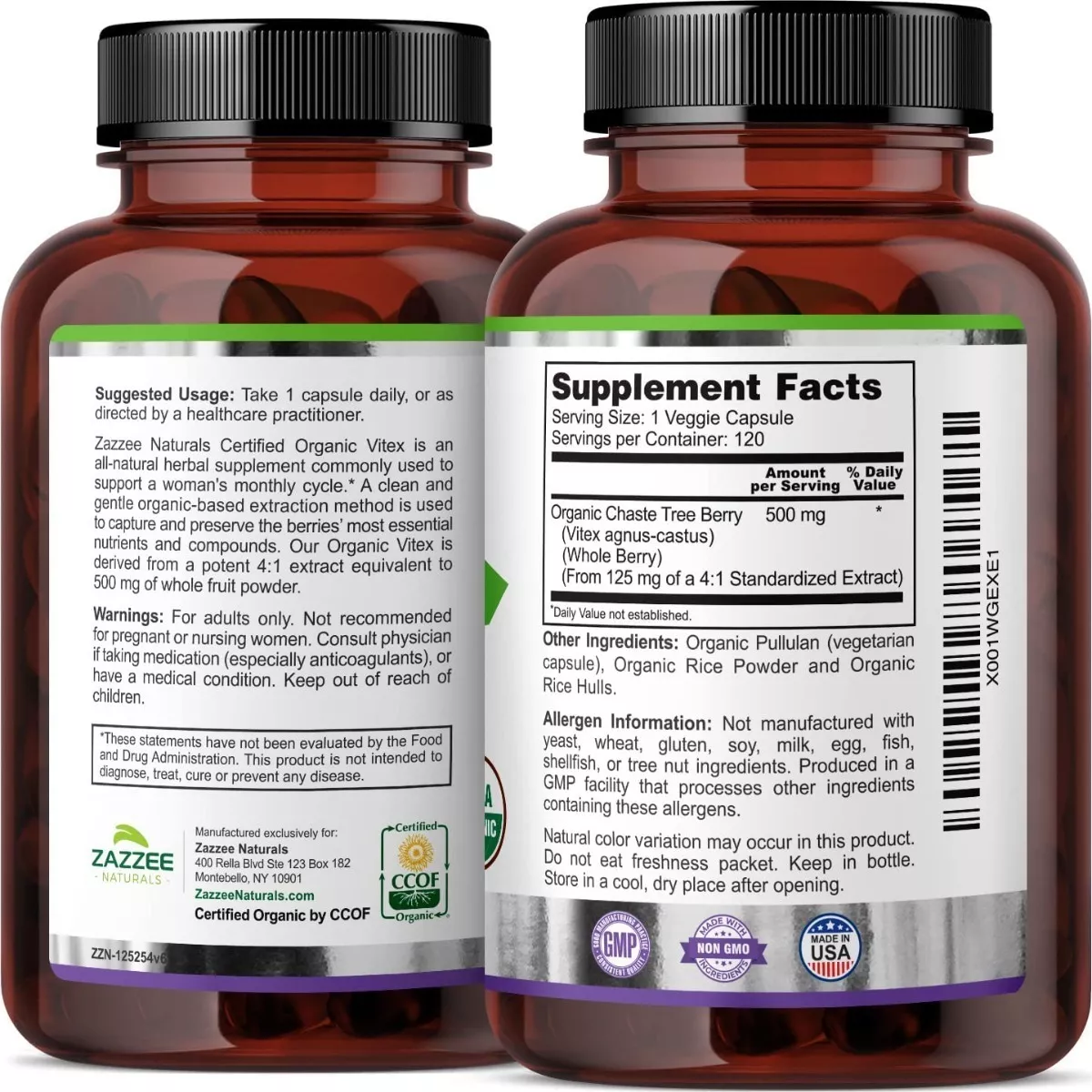 Foto 3 pulgar | Zazzee Organic Vitex Chaste Tree Berry  Equilibra Tu Bienestar Apoyo Hormonal Y Alivio Menstrual 120 Capsulas