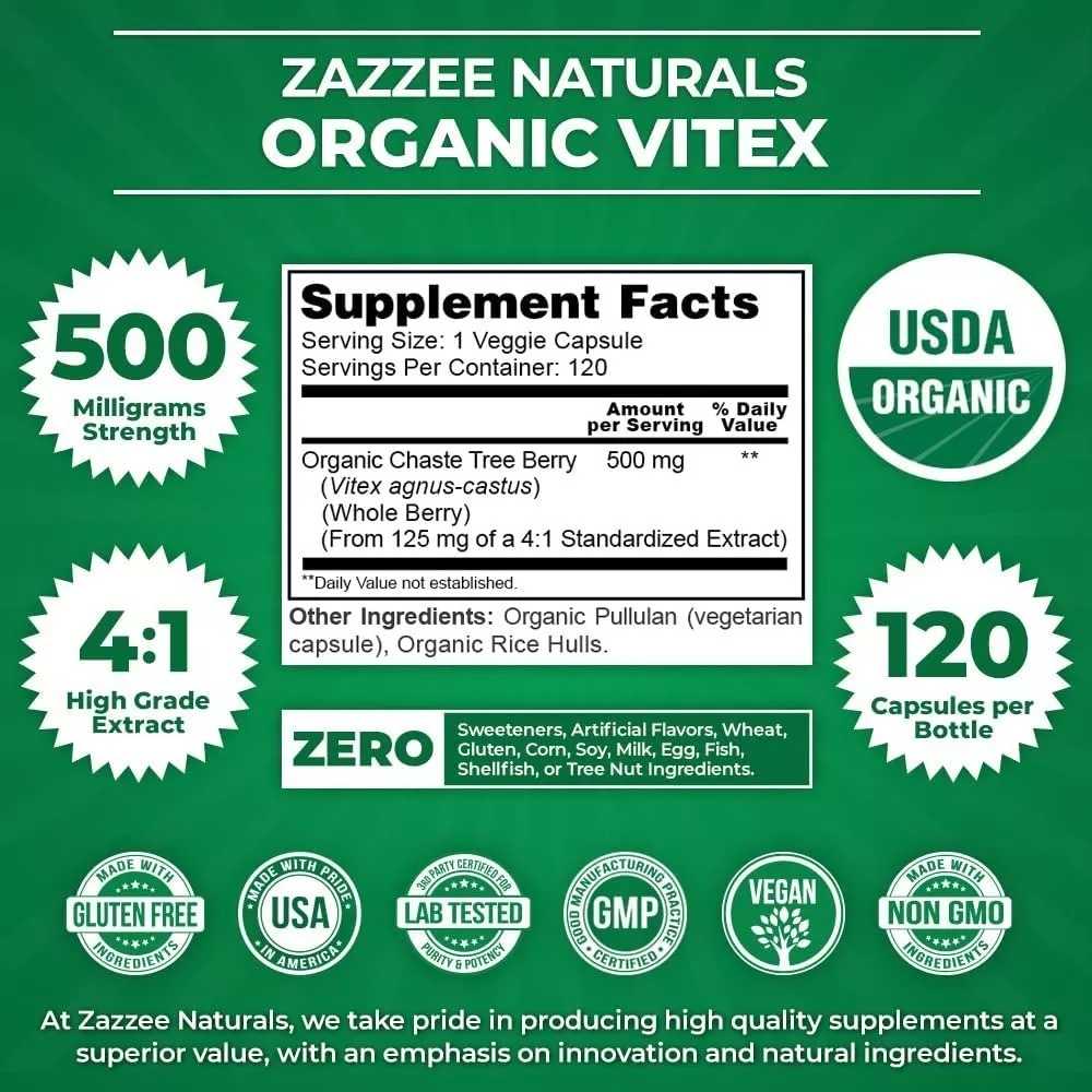Foto 4 pulgar | Zazzee Organic Vitex Chaste Tree Berry  Equilibra Tu Bienestar Apoyo Hormonal Y Alivio Menstrual 120 Capsulas