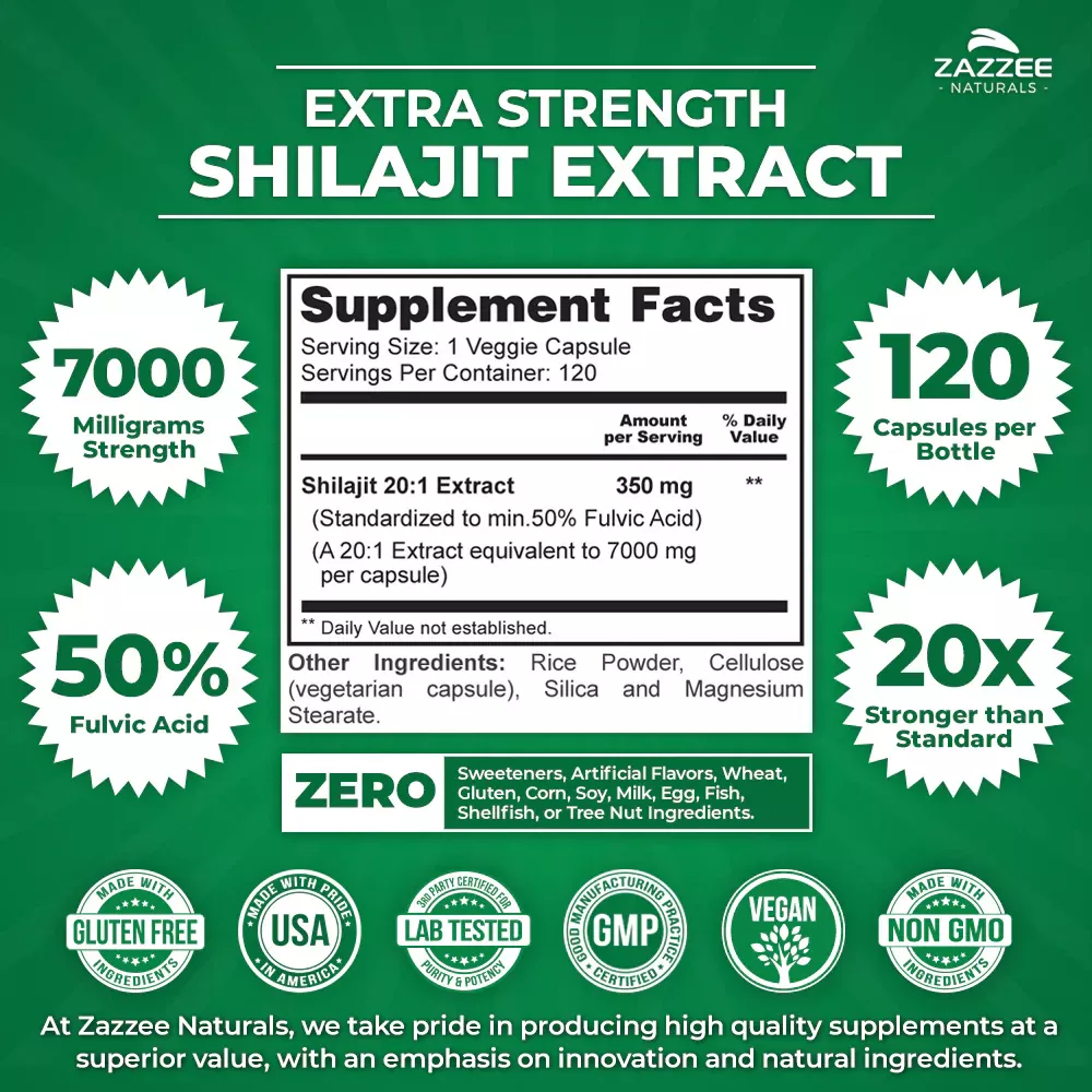 Foto 3 pulgar | Suplemento Zazzee Naturals Extra Strength Shilajit  Energía, Salud Cognitiva Y Equilibrio Hormonal 120 Cápsulas