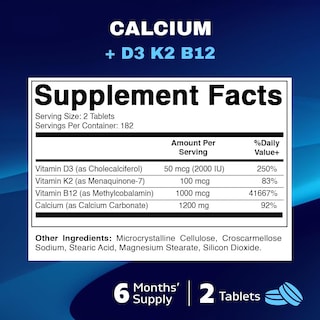 Foto 2 | Suplemento De Calcio Vitamático De 1200 Mg Con D3, K2 Y B12 365 Tabletas - Venta Internacional.