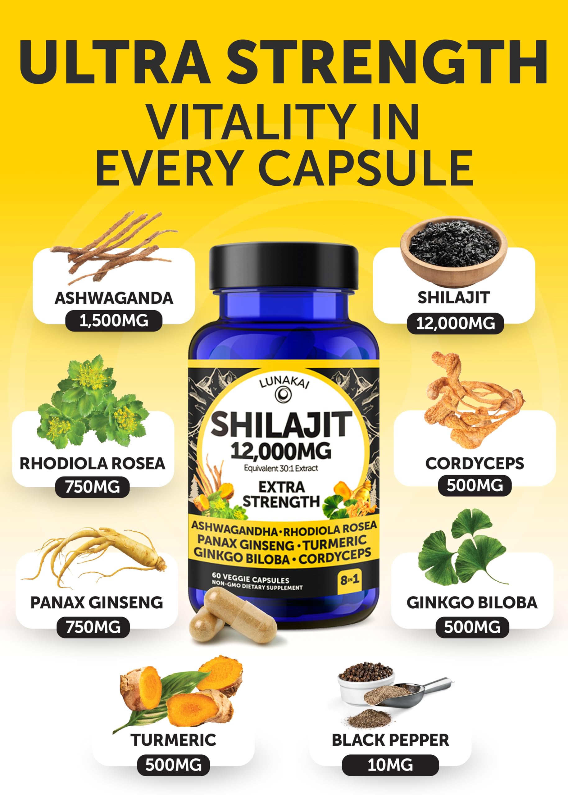 Foto 4 pulgar | Suplemento Lunakai Shilajit En Cápsulas De 1200 Mg Con Ashwagandha De 60 Unidades - Venta Internacional.