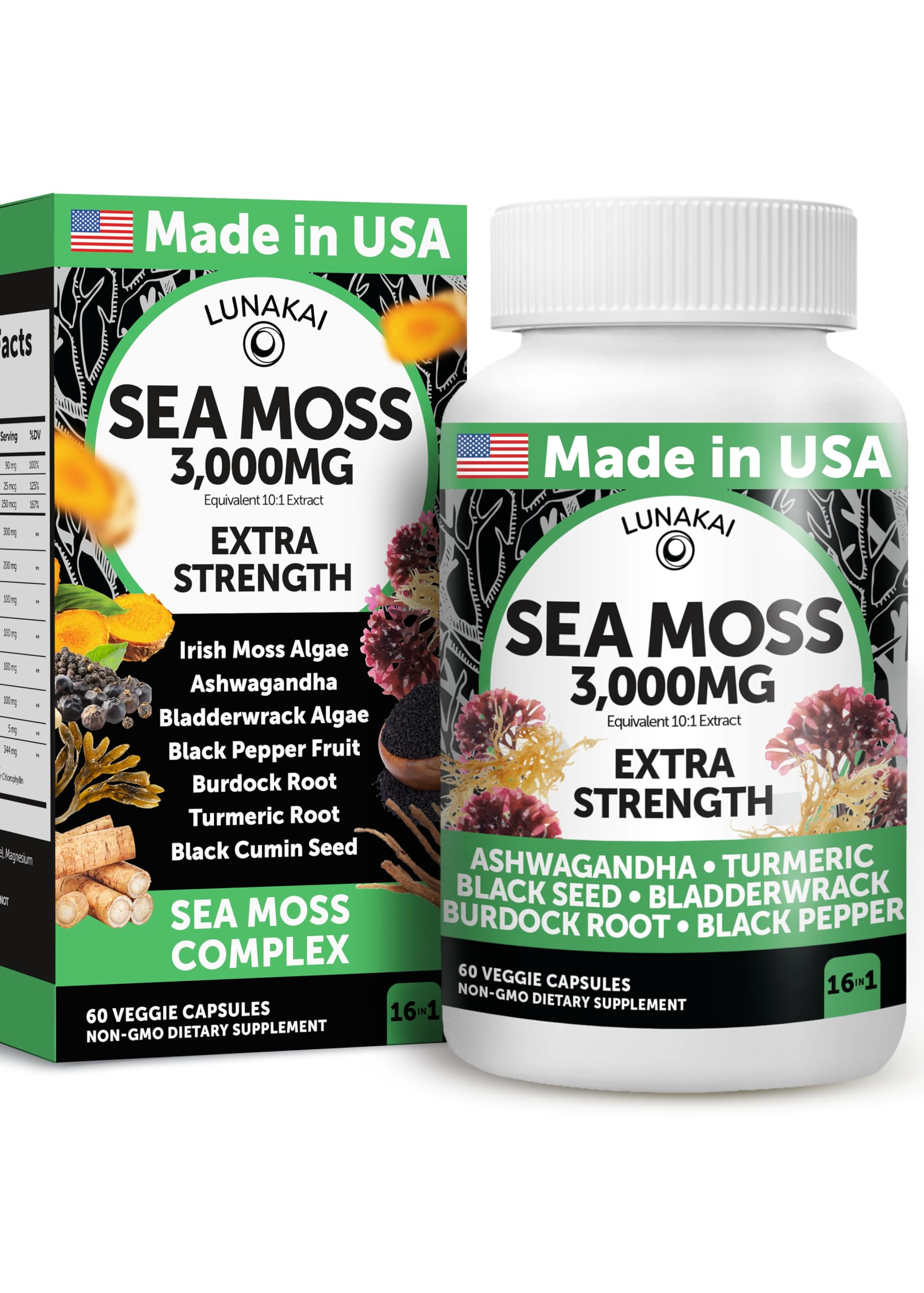 Foto 2 pulgar | Suplemento Lunakai Irish Sea Moss, Cápsulas De 3000 Mg, 60 Unidades - Venta Internacional.