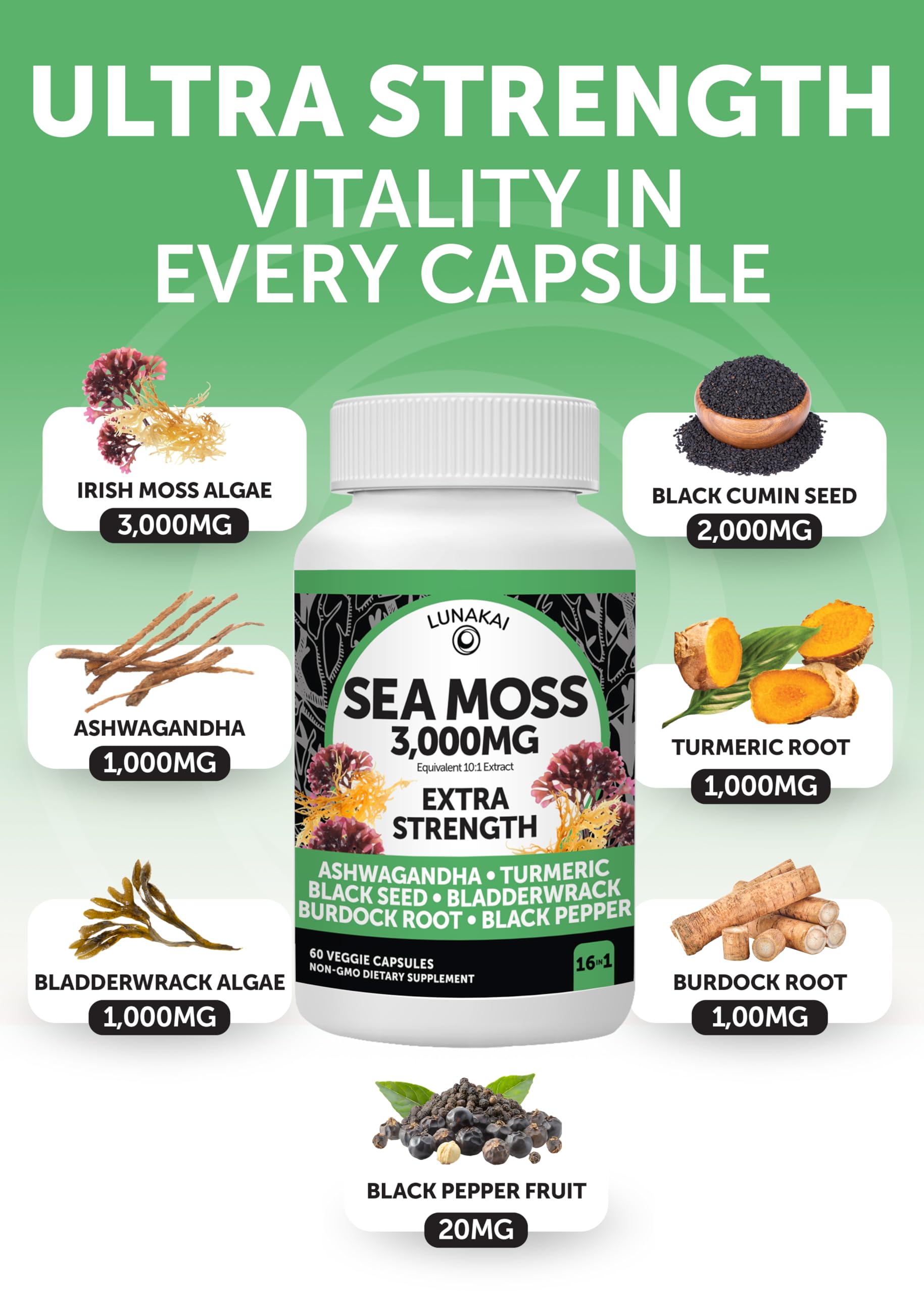 Foto 4 pulgar | Suplemento Lunakai Irish Sea Moss, Cápsulas De 3000 Mg, 60 Unidades - Venta Internacional.