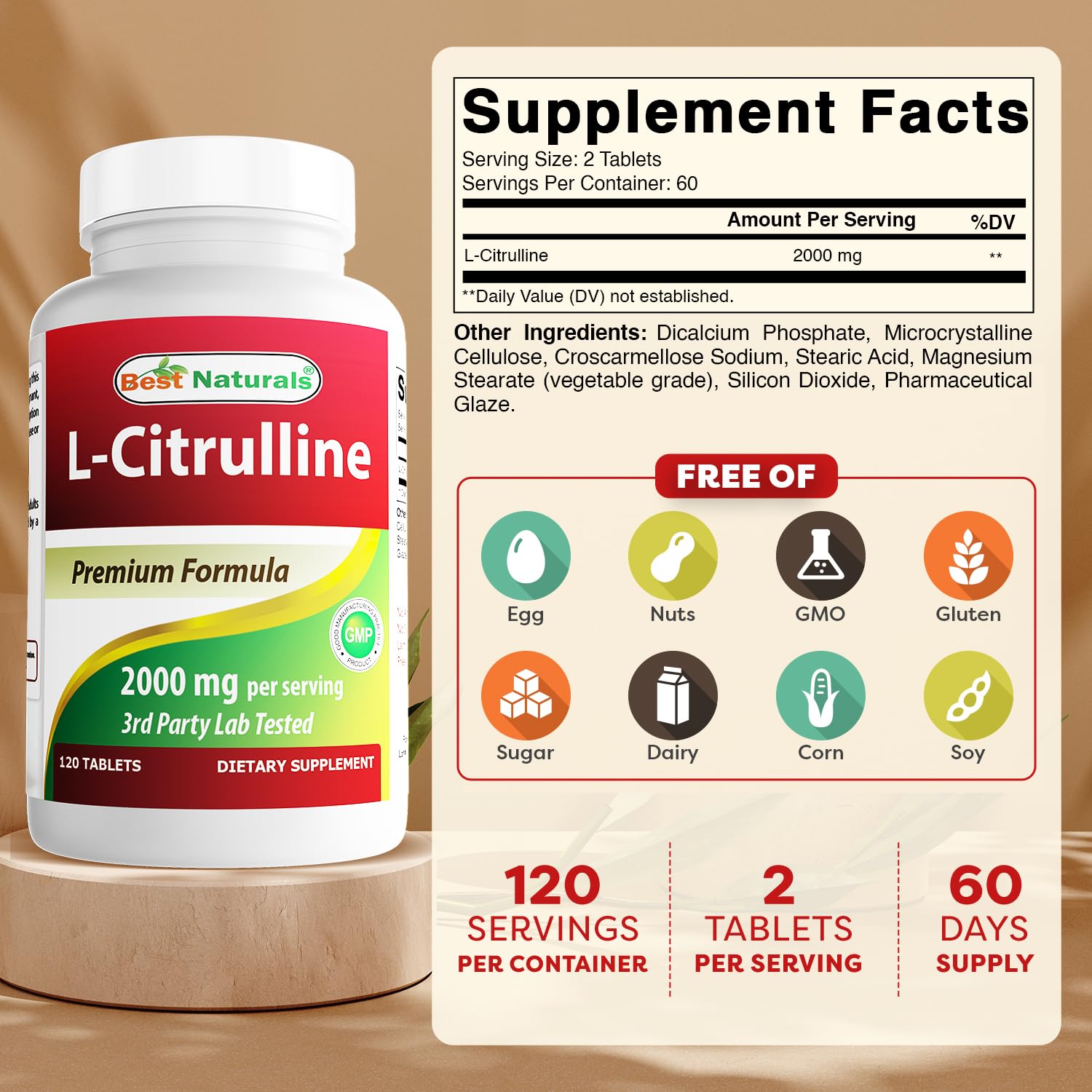 Foto 3 pulgar | Suplemento Best Naturals L-citrulina 2000 Mg 120 Comprimidos - Venta Internacional.