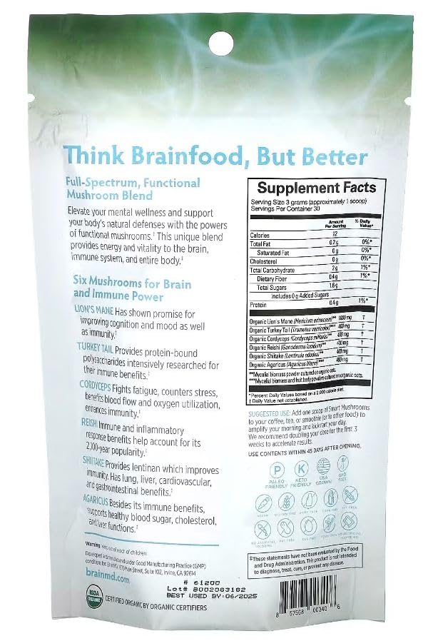 Foto 3 pulgar | Suplemento Brainmd Dr. Amen Smart Mushrooms, 90 G, Apoyo Mental - Venta Internacional.