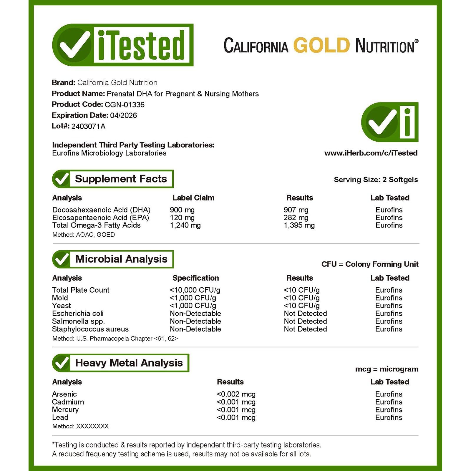 Foto 5 pulgar | Suplemento De Dha Prenatal De 900 Mg De California Gold Nutrition - Venta Internacional.