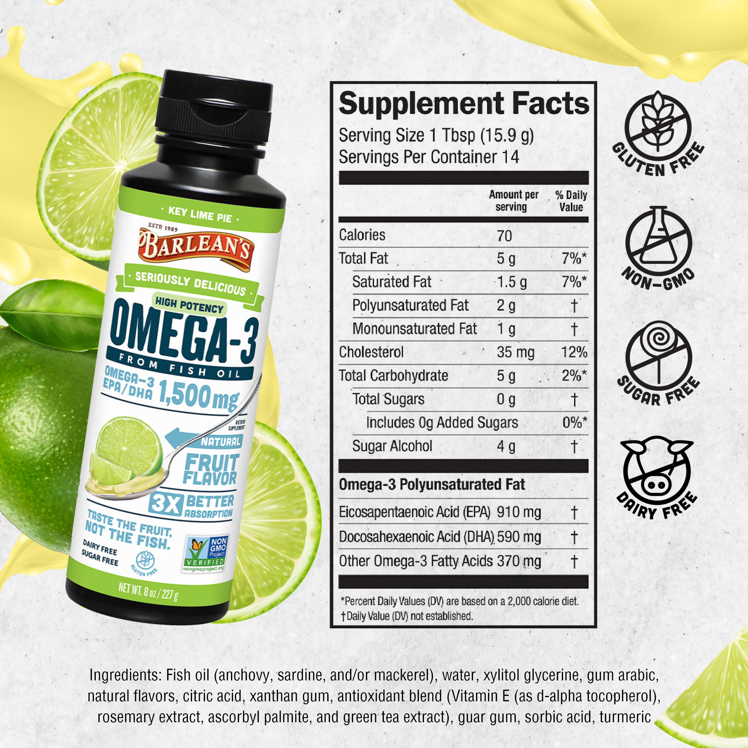 Foto 7 pulgar | Complementa El Aceite De Pescado Omega 3 De Alta Potencia De Barlean's Key Lime Pie - Venta Internacional.