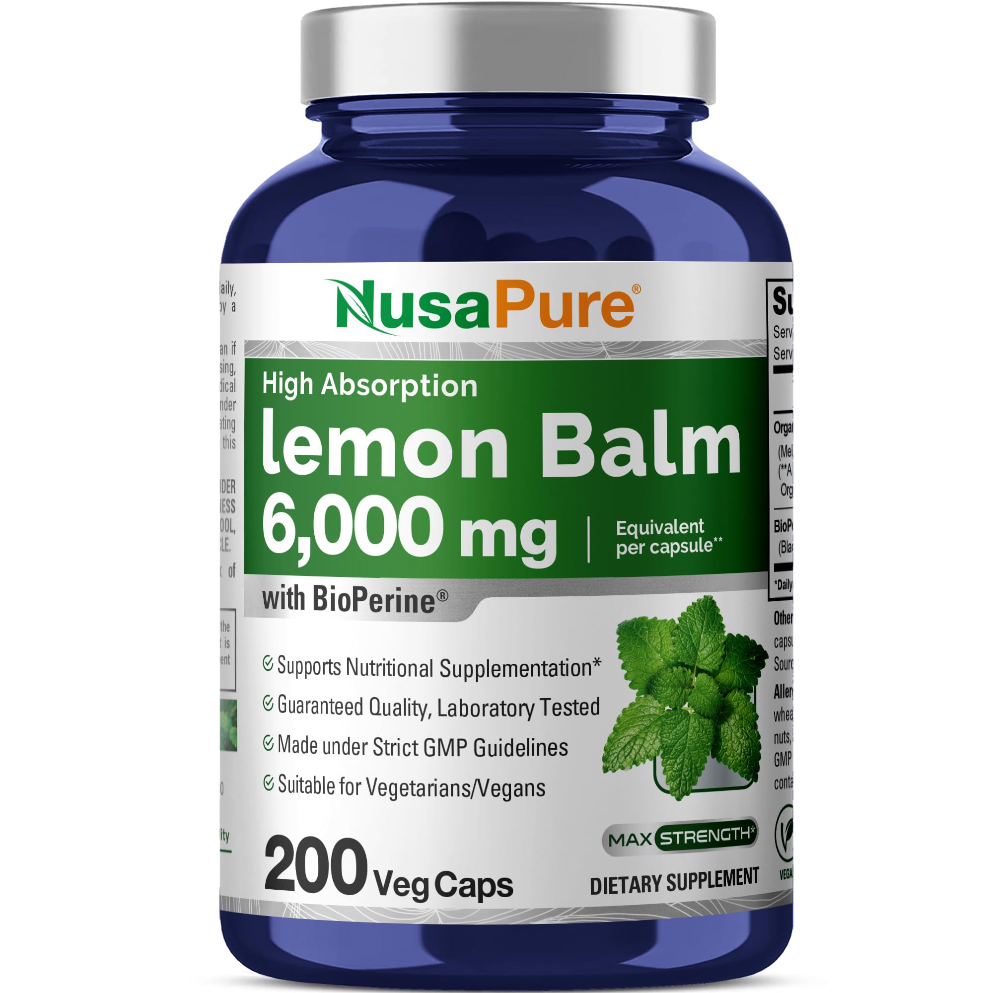 Foto 1 | Suplemento De Bálsamo De Limón Nusapure, 6000 Mg, 200 Cápsulas Veganas - Venta Internacional.