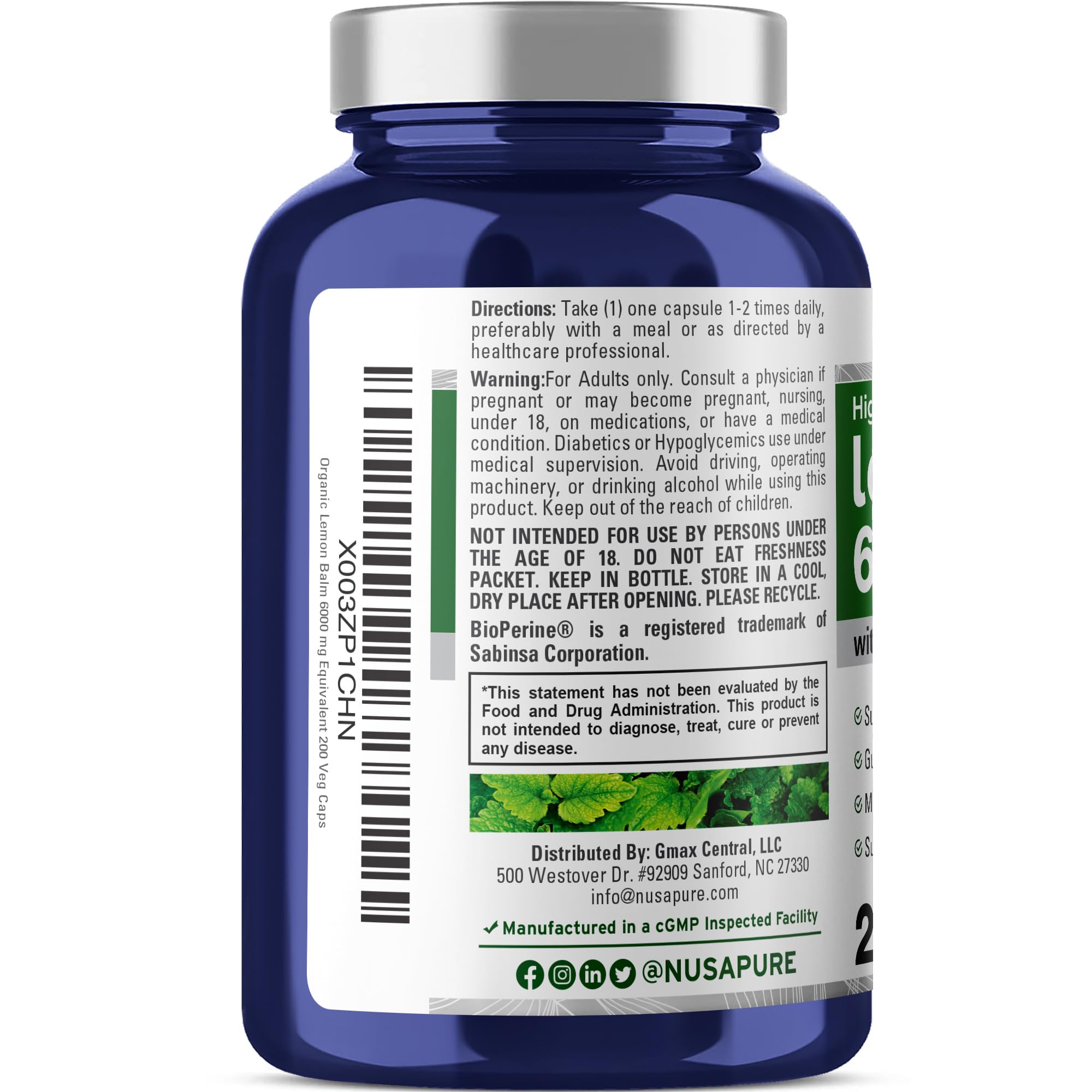 Foto 4 pulgar | Suplemento De Bálsamo De Limón Nusapure, 6000 Mg, 200 Cápsulas Veganas - Venta Internacional.