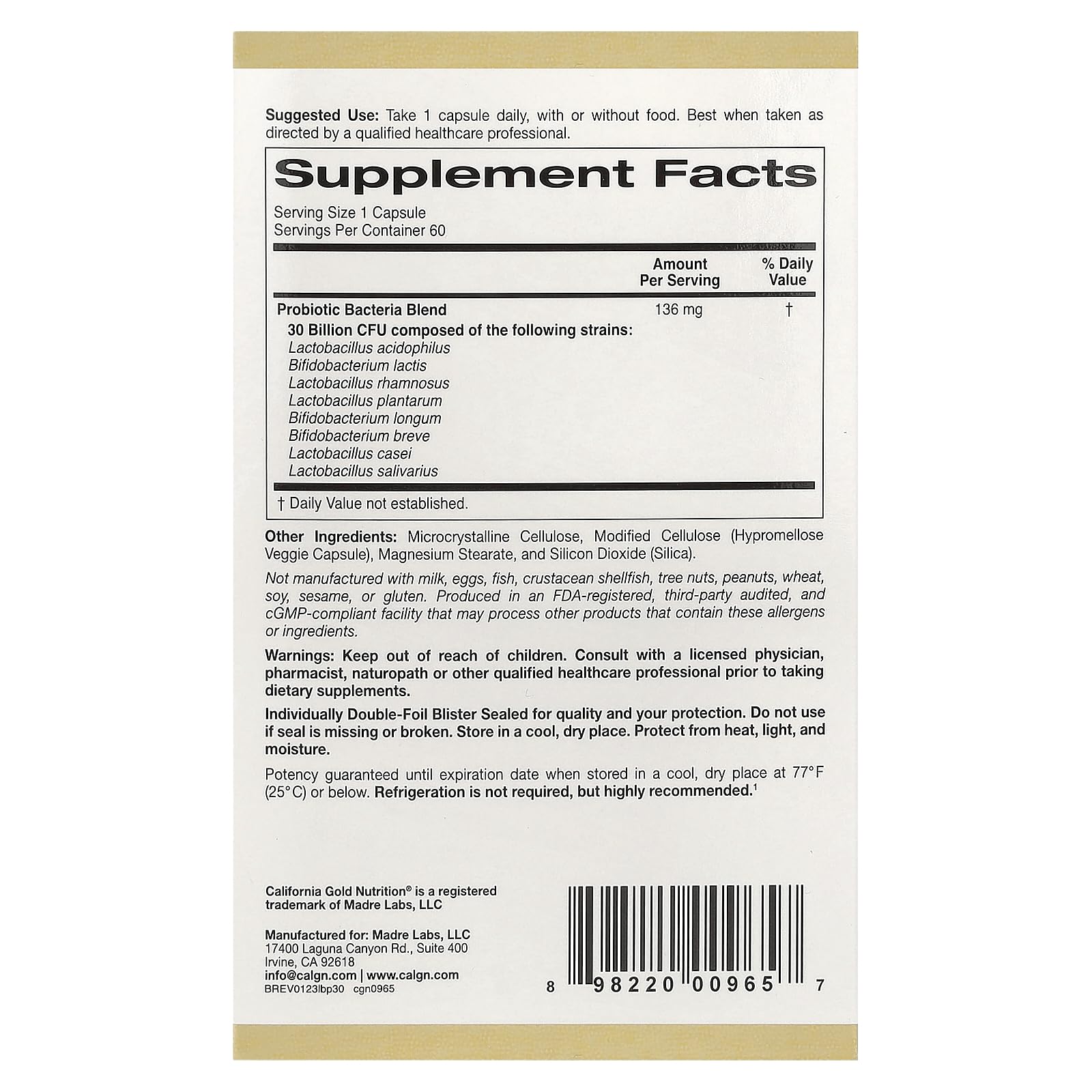 Foto 3 pulgar | Probióticos California Gold Nutrition Lactobif 30 30 G Cfu - Venta Internacional.
