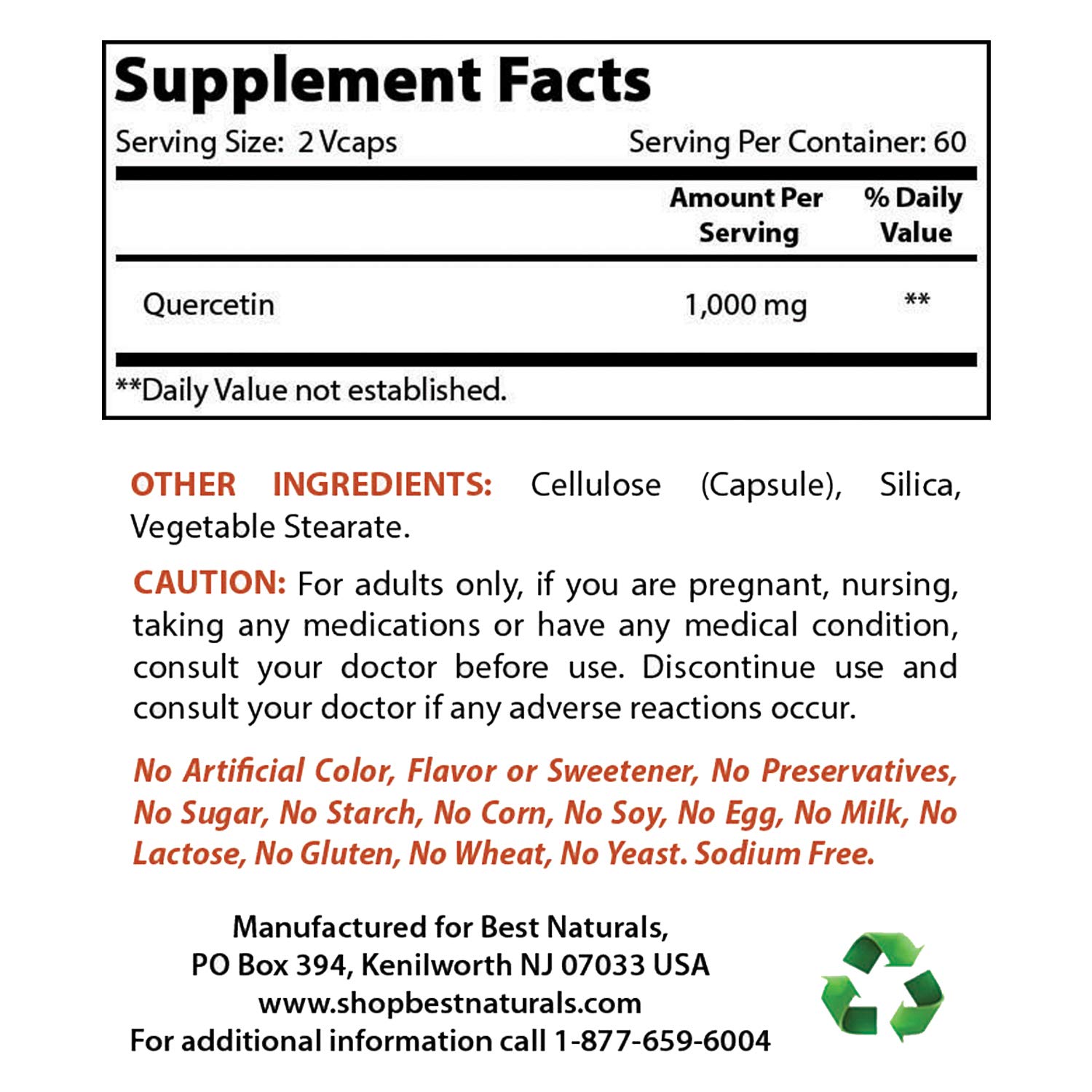 Foto 2 | Suplemento Best Naturals Quercetina 1000 Mg 120 Cápsulas Vegetarianas - Venta Internacional.