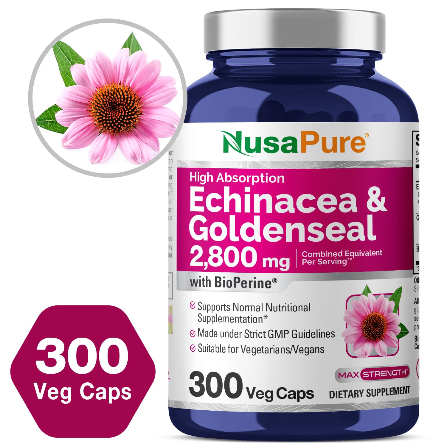 Foto 5 pulgar | Suplemento Nusapure Echinacea Goldenseal 2.800 Mg 300 Cápsulas - Venta Internacional.