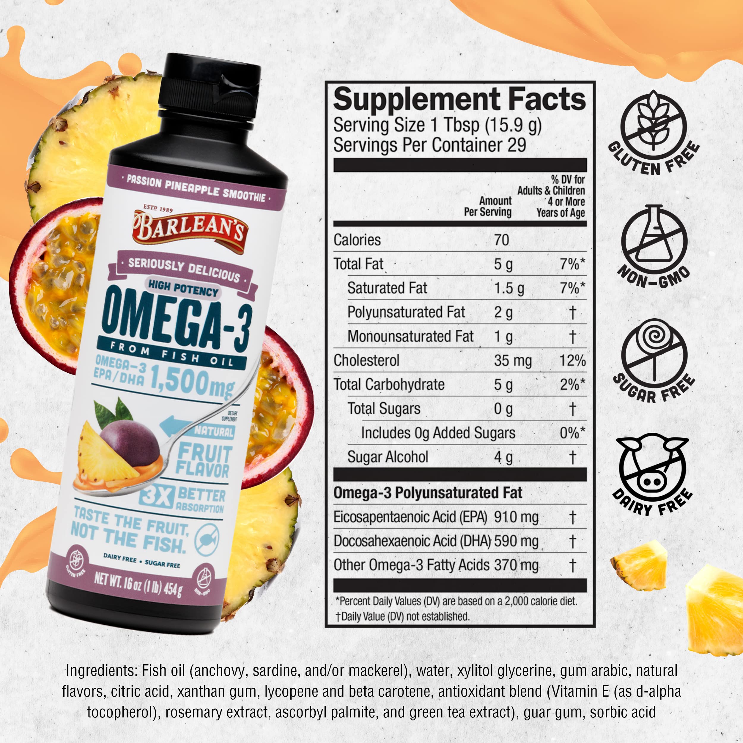 Foto 7 pulgar | Suplemento De Aceite De Pescado Barlean's Passion Pineapple Omega 3, 450 Ml - Venta Internacional.